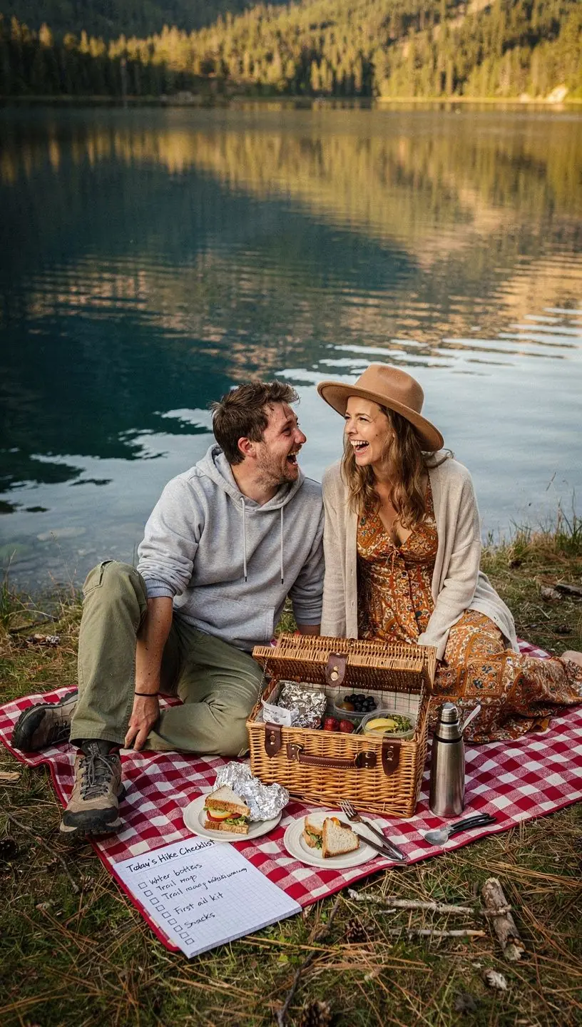 Rodzina ciesząca się piknikiem w lesie, otoczona drzewami i świeżym powietrzem.